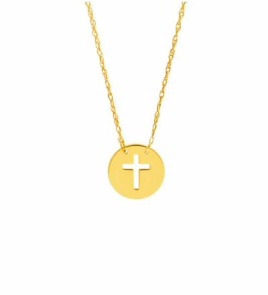 14k yellow gold cross mini disc rope chain necklace